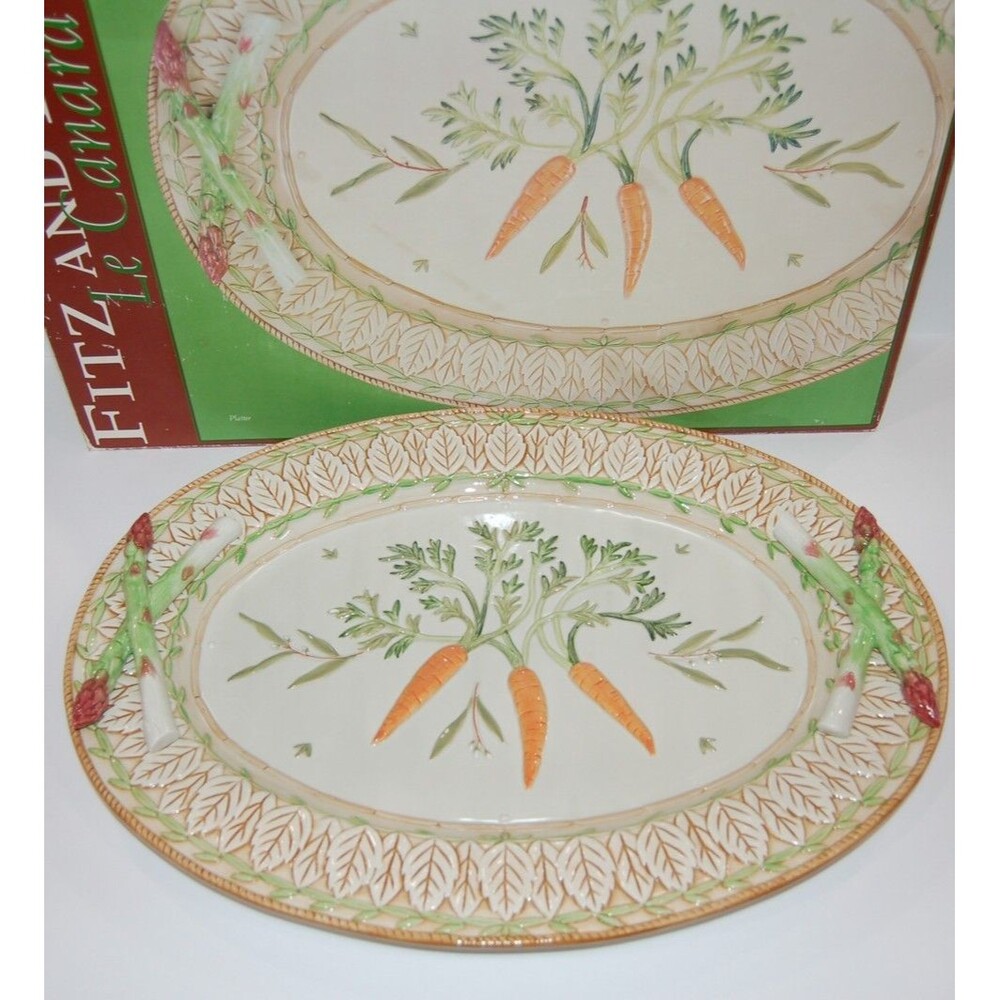 FITZ AND FLOYD LE CANARD ASPARAGUS CARROT EASTER LARGE OVAL SERVING PLATTER 19"